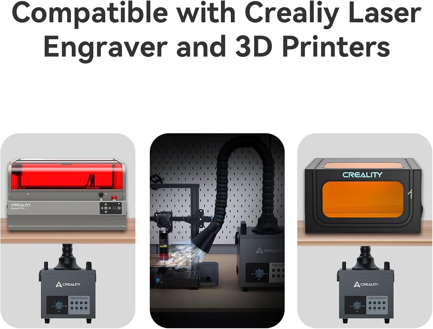 Components of the Creality Smoke Purifier including the main unit, flexible duct, filters, and accessories