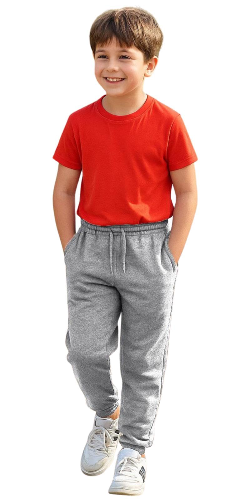 True Face Kids Trouser Fleece Jogging Bottoms PE Sweatpants Multi Pockets Drawstring Elasticated Joggers Cuffed Girls Boys Plain Sports School Pants Grey 9/10