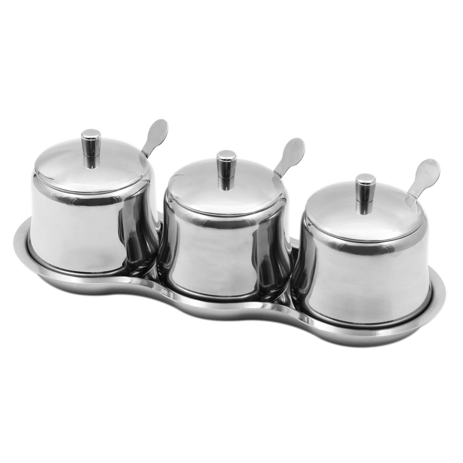 BSDLZCH 3pcs/set Stainless Steel Sugar Bowl Coffee Seasoning Jar Condiment Pot Spice Container Canister Cruet with Glass Lid and Spoon (Steel Lid)