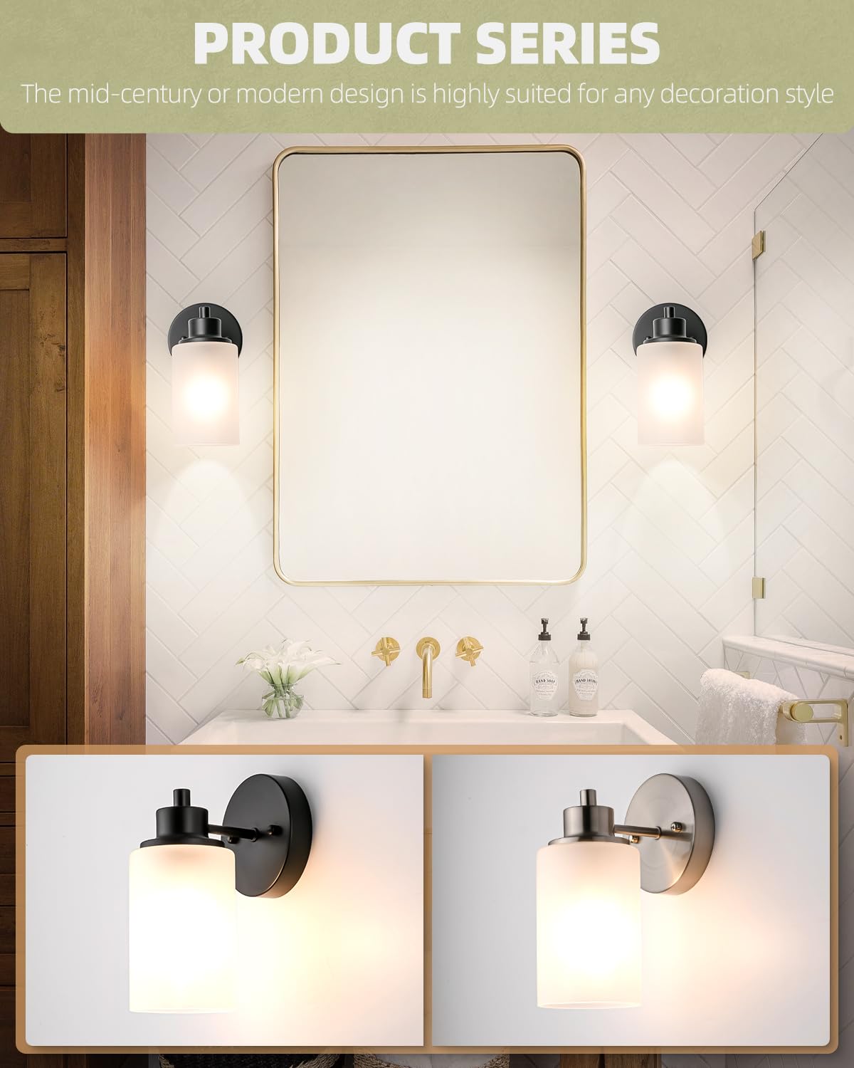 Paquete de 2 apliques de pared estilo granja, lámparas de tocador de baño negras para interiores con pantalla de vidrio esmerilado blanco, iluminación moderna para montar en la pared, lámpara base E26 3