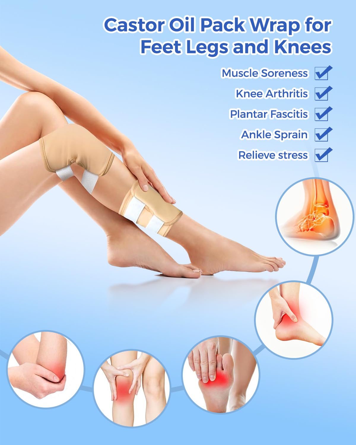 Castor Oil Pack Wrap: 9pcs Reusable Organic Cotton Castor Oil Pack Kit for Neck Waist Chest Feet and Stomach - Adjustable Velcro Compress Wrap Pads Machine Washable for Full-Body Relief