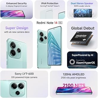 Redmi Note 14 5G (Ivy Green, 6GB RAM 128GB Storage) | Global Debut MTK Dimensity 7025 Ultra | 2100 nits Segment Brightest 120Hz AMOLED | 50MP Sony LYT 600 OIS+EIS Triple Camera