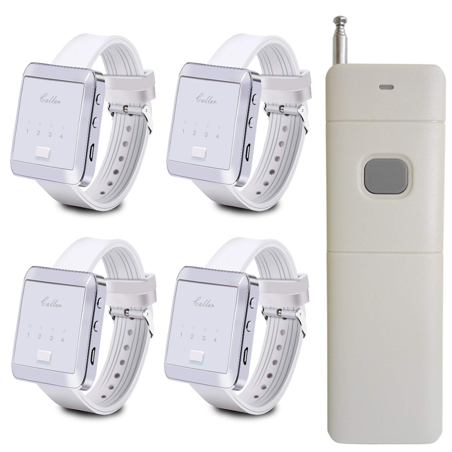 Taidacent Wireless Remote Control Emergency Pager Wireless Calling System Wrist Pager + Remote Control Restaurant / Club / Bath Emergency Alarm Old People Patients (1 Remote Control + 4 Wrist Pagers)
