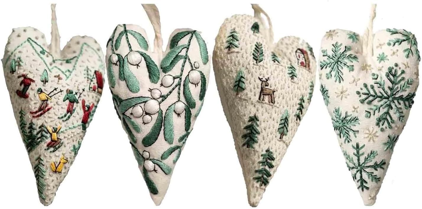 GINGER TECH DIY Heart Embroidery Christmas Decoration, Christmas Embroidery Kit for Beginners, DIY Heart Shaped Hand Embroidered Christmas Ornament Kit with Needles and Thread (4PCS B)