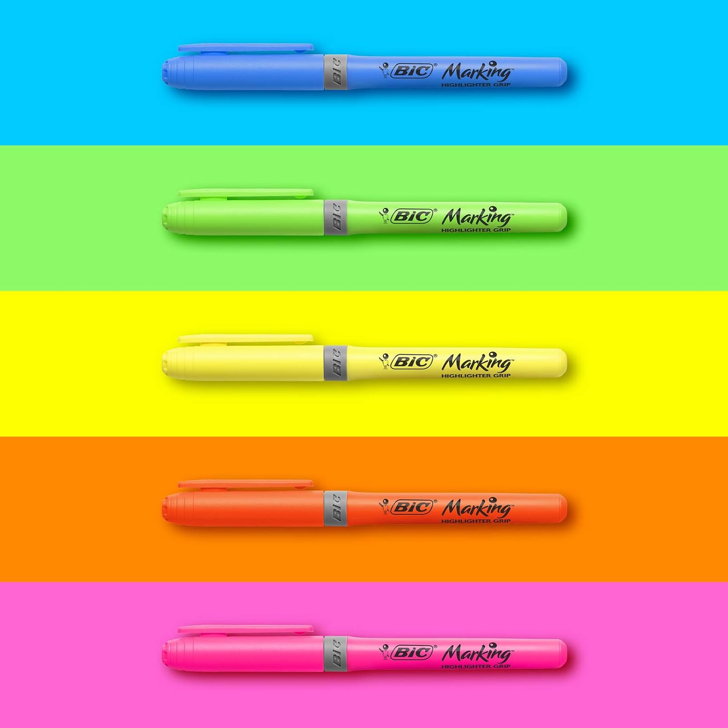 BIC Highlighter Grip, Ribbed Rubber Grip for Extra Comfort, Water-Based Ink, Assorted Intense and Pastel Colours, Pack of 12
