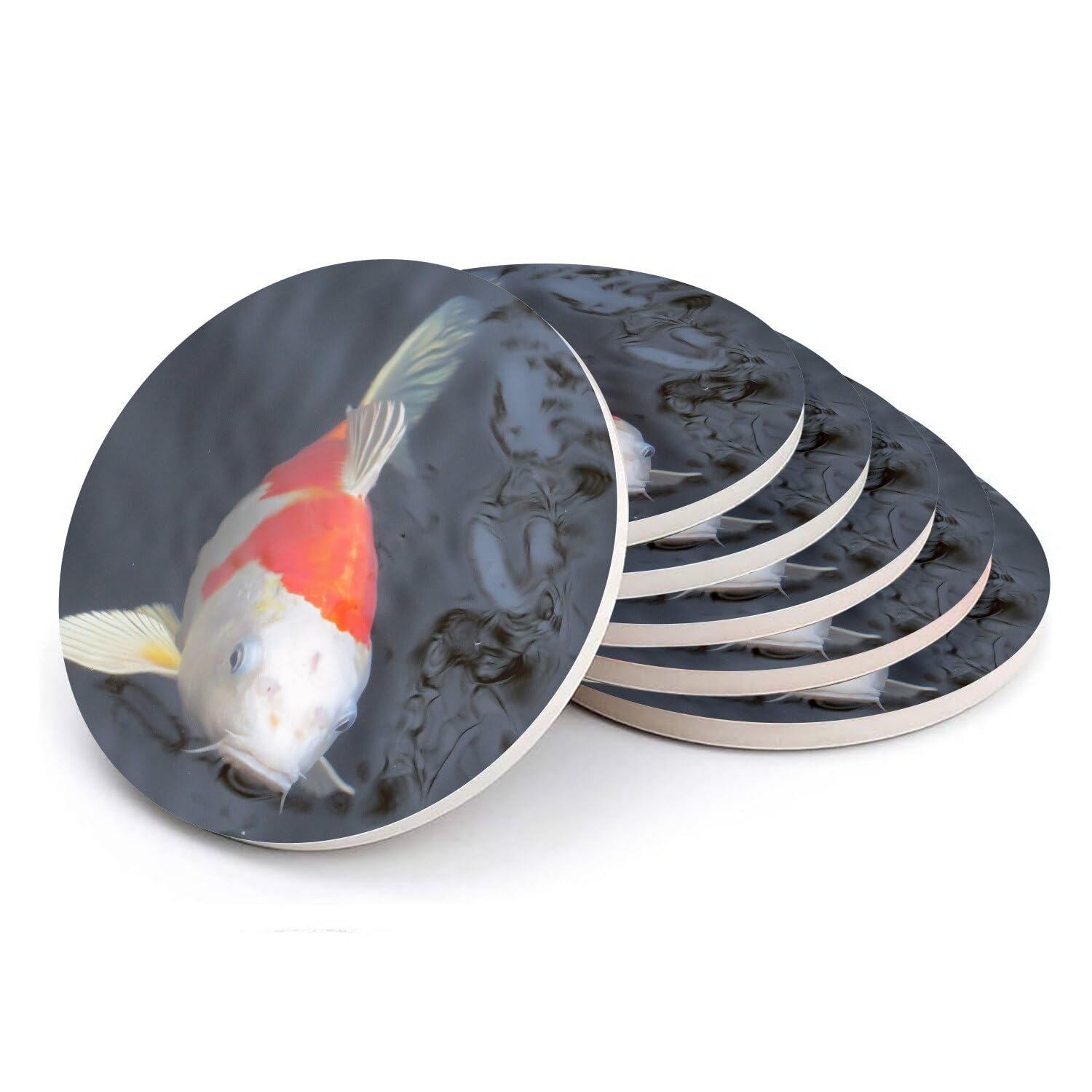 Sous-verre ronds en céramique Carpe Koï pour table de salon - Lot de 6