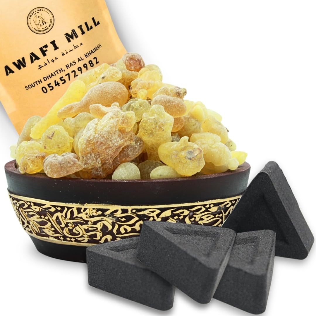 AWAFI MILLRoyal Hojari Gum Luban Frankincense - Boswellia Sacra from Oman, Incense Ingredient with Triangle Charcoal Tablet (Bottle of 50 Gram with 10 Charcoal Piece)