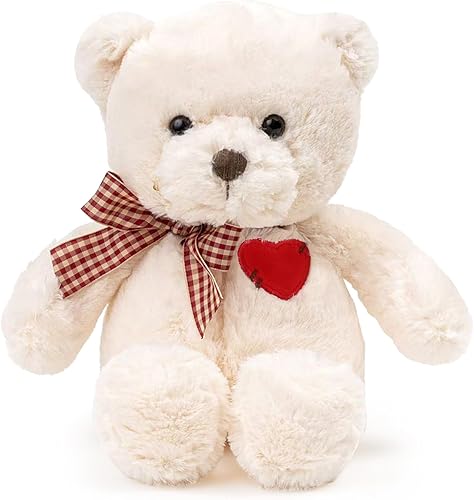 Riuhot Oso de peluche pequeño con corazón, lindo oso de peluche blanco, animal de peluche para el día de San Valentín, oso de peluche suave,