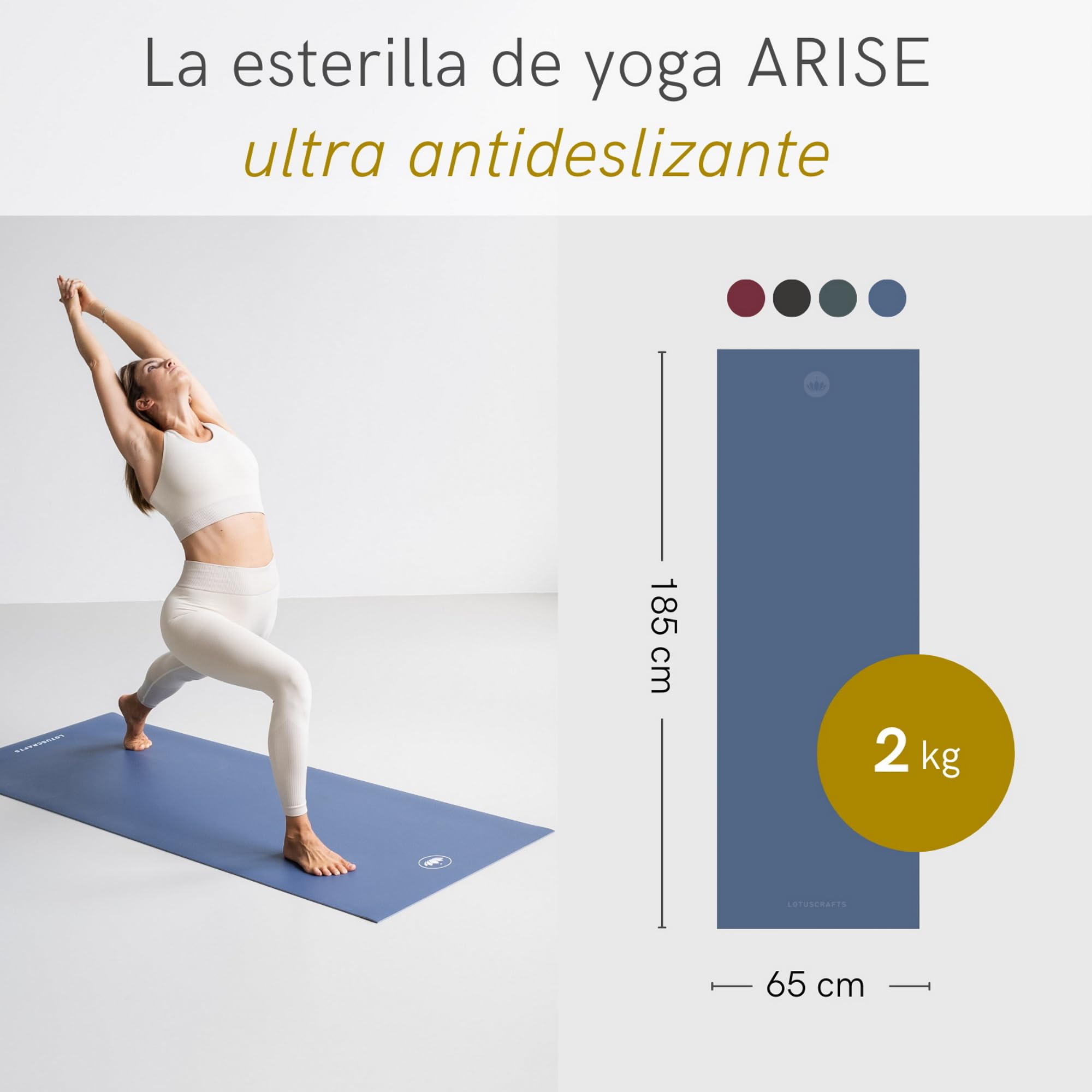 LOTUSCRAFTS Arise Esterilla de Yoga, Antideslizante, Fabricada en España, Esterilla de Yoga de Caucho Natural, 185 x 65 x 0,4 cm