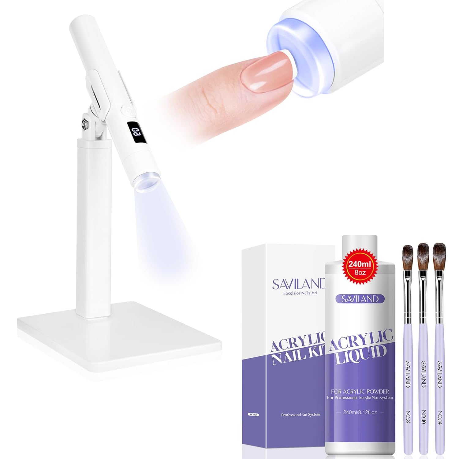 Saviland Monomer Acrylic Nail Liquid – 8.11fl.oz Acrylic Liquid with 3PCS Acrylic Brushes Size SAVILAND LED Nail Light for Gel Nails: 2-in-1 Handheld LCD Display Screen Flash Cure Lamps with Stand