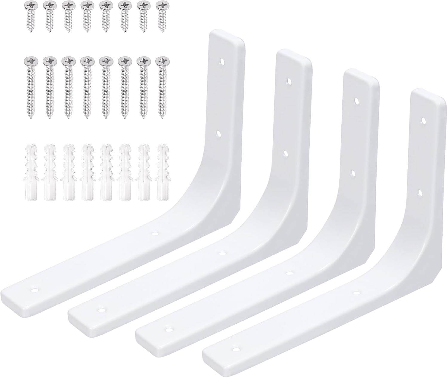 Swpeet 4 Pack 8"L x 6"H Iron Wall Shelf Bracket, Heavy Duty Shelf Support Bracket, Floating Shelf Bracket, Decorative Joint Angle L Steel Bracket Kit Contains 20/40MM Screws, Anchors for Home, White
