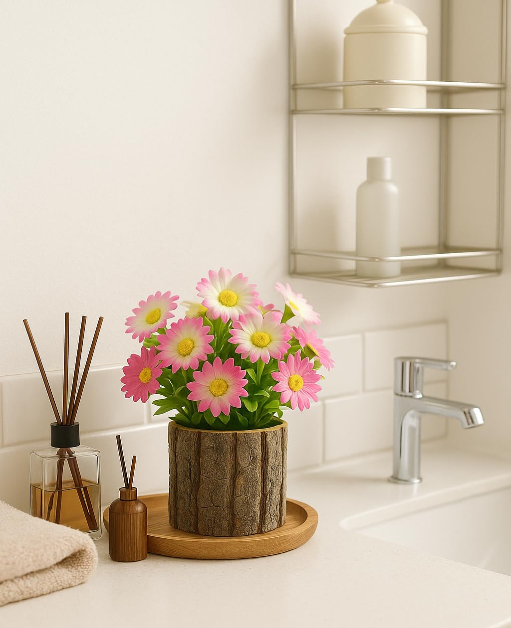 AceList Fiori artificiali margherite finte per decorazione, piccole piante in vaso in vasi in tronchi, margherite rosa centrotavola da tavolo per festa della mamma, casa, camera da letto, casa