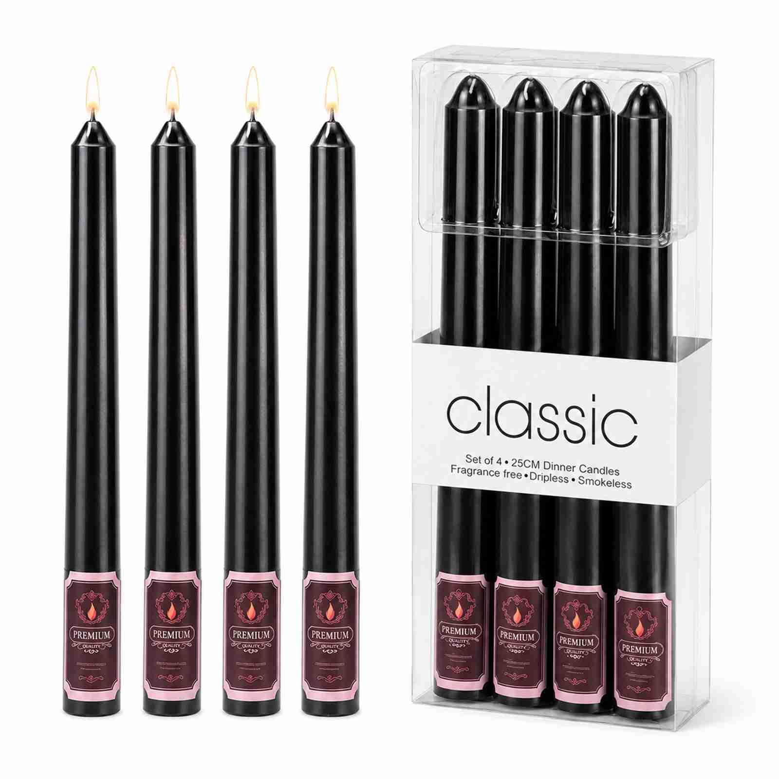 Black Taper Candles, 27 cm Tall Thin Candle Sticks, Solid Colour, 4-Pack