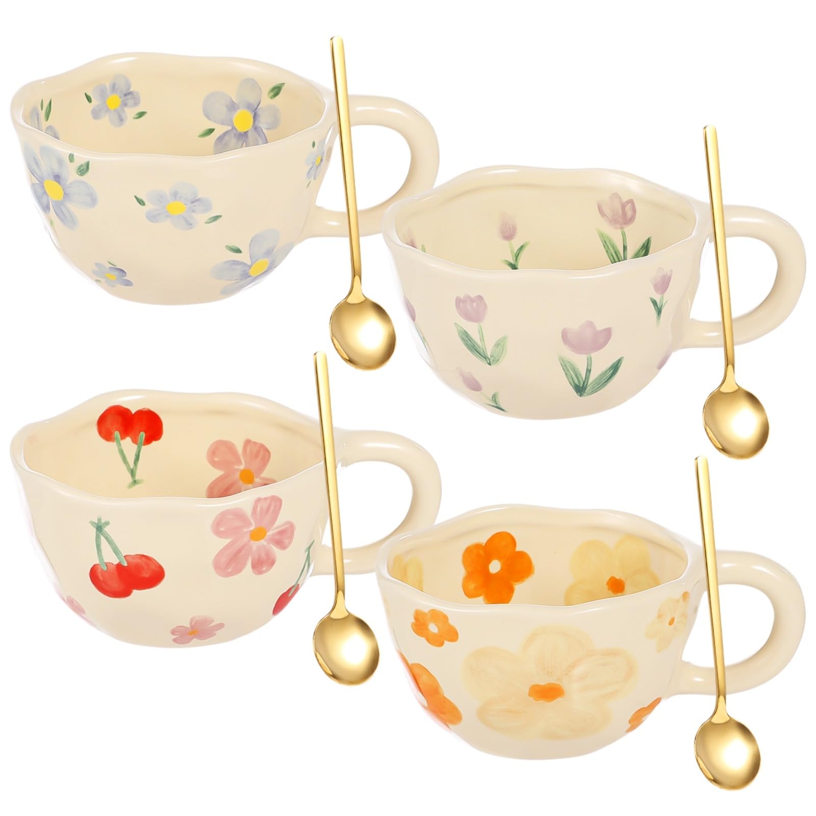 Homaisson Set di 4 tazze da caffè in ceramica con motivo floreale, 226,8 g, set di tazze da tè con cucchiai, graziose tazze da cappuccino, in porcellana, per caffè e latte, lavabili in lavastoviglie e