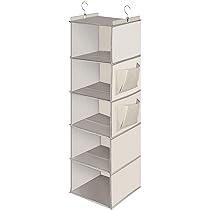 Cozary Organizer Armadio da Appendere 5 Ripiani, Organizzatore Armadio Pieghevole, Organizer da Appendere con Ganci in Metallo, per Camera da Letto- Beige