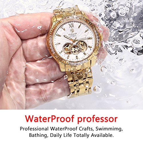 Image of BINLUN Men's Automatic Gold Watches 18K Gold Plated Diamond Mechanical Watch Waterproof Stainless Steel Skeleton Wrist Watch for Men