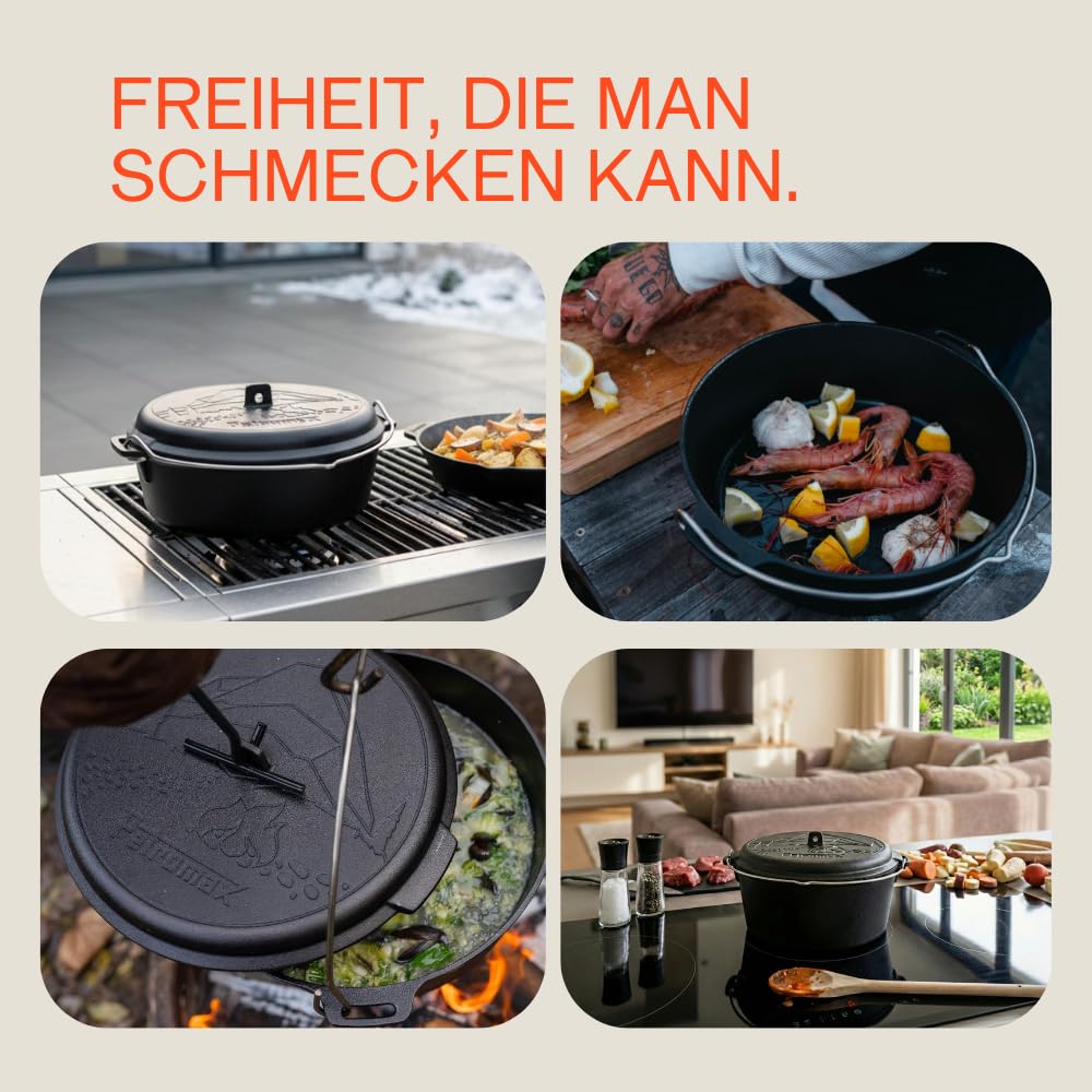 Petromax Dutch Oven ft9-t Komplettset – Feuertopf 7,5 L Gusseisen | Mit Deckelheber, Pflegepaste, Ringreiniger & Kirschholz-Löffel. Deckel als Pfanne. Für Grill, Ofen & Feuer, 8-14 Pers.