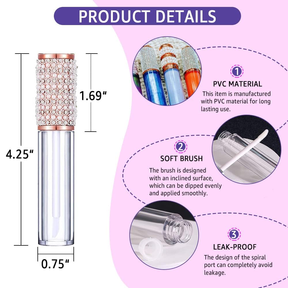 AMORIX 6pcs Lip Gloss Tubes with Wand 5ml Empty Rhinestone Lip Gloss Containers Cute Lipgloss Bottles Crystal Lip Gloss Supplies Kit with Syringe for DIY Lip Gloss Base