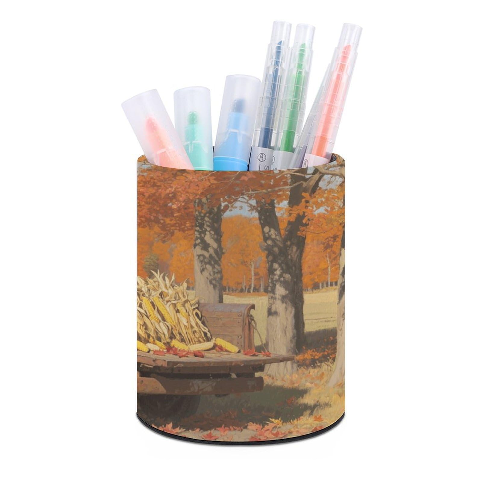 VstaDank - Autumn Round Pen Holder for Truck PU Leather Desk Organizer for Office Desk Home Decor (3.1" x 3.9")