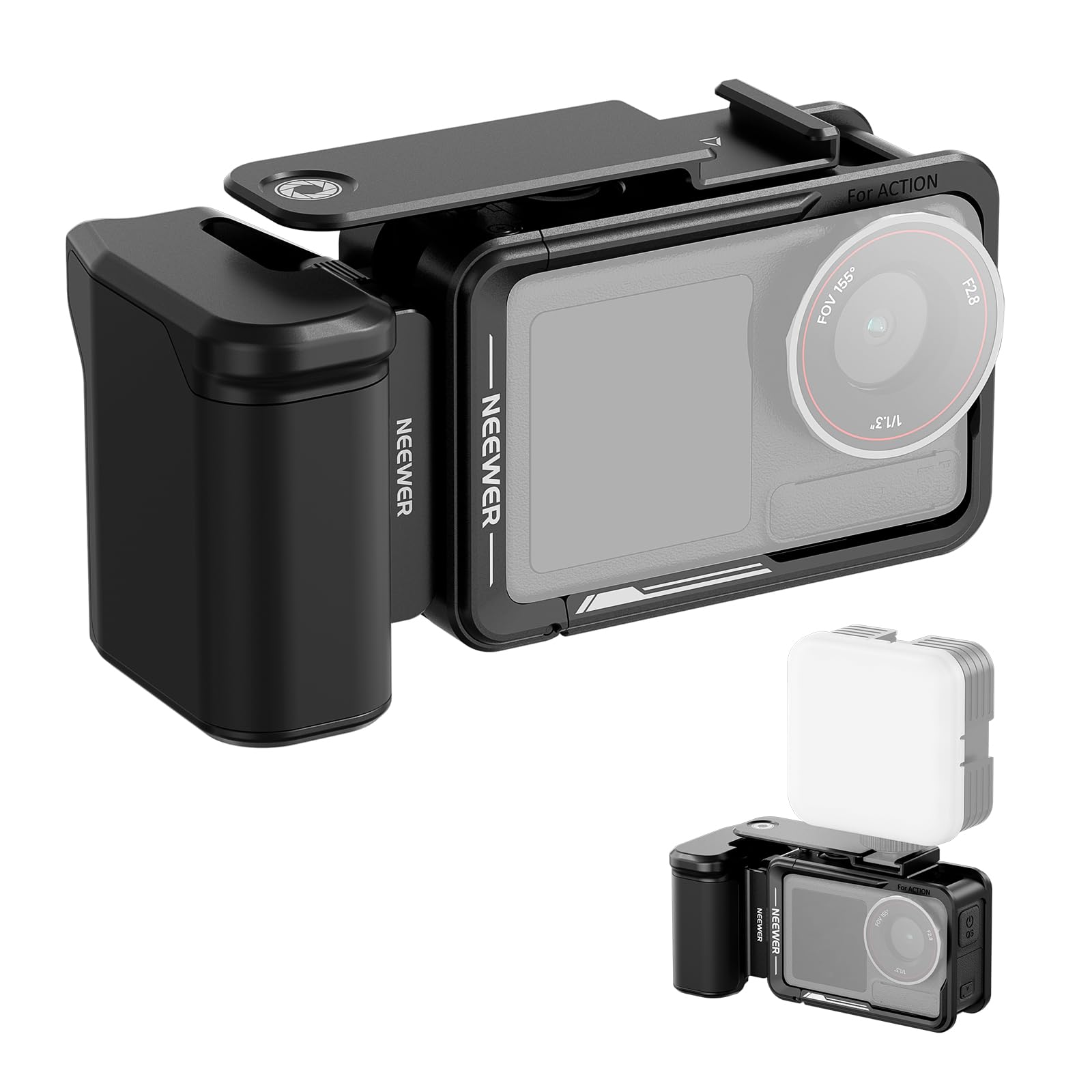 NEEWER Kit de accesorios de jaula y mango lateral compatible con cámara DJI Osmo Action 5 Pro / 4/3, soporte magnético de metal protector para video, barra extensora de obturador de zapata fría, negro