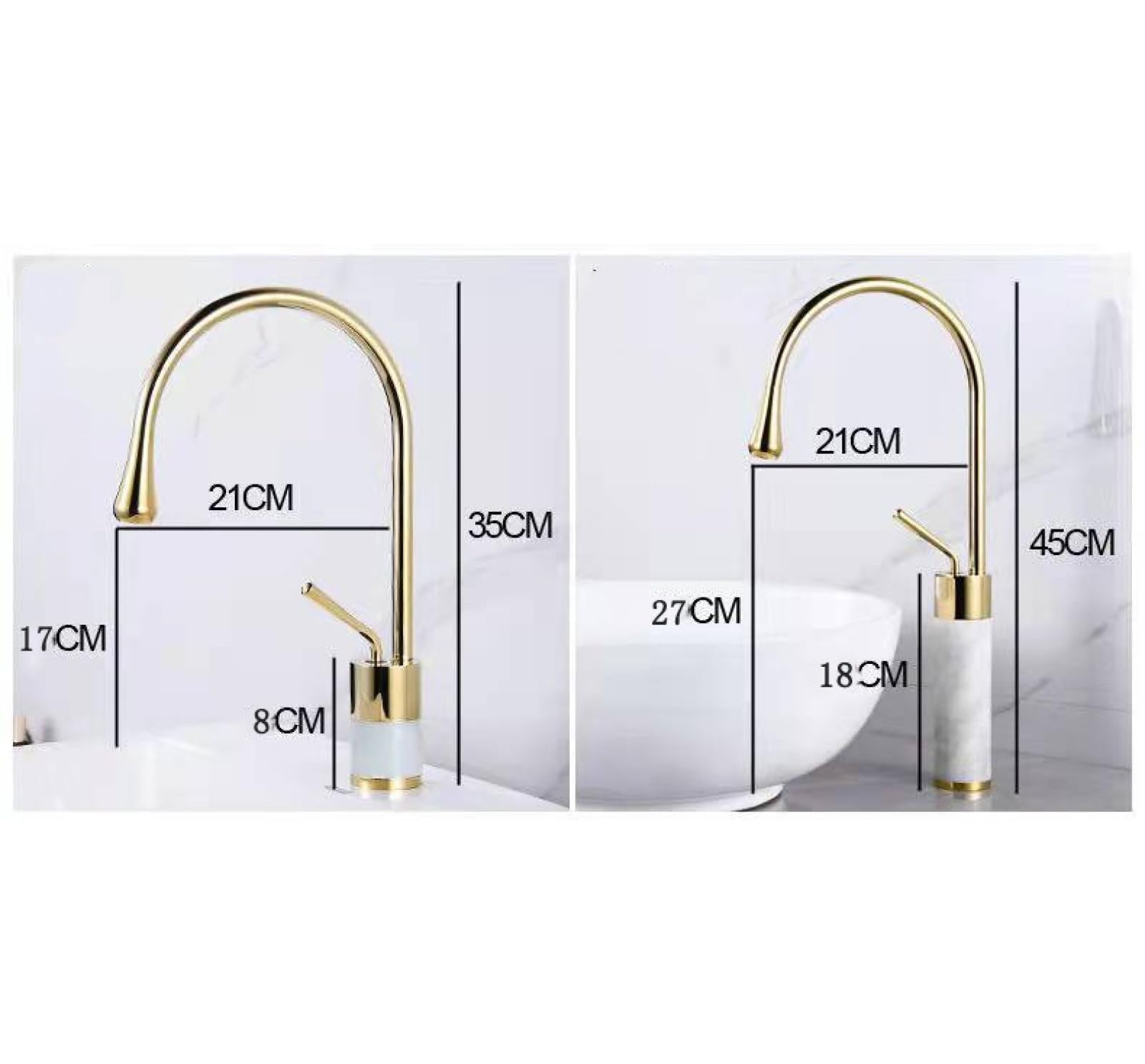Grifo Lavabo Sencillo Grifo De Mármol Dorado Y Cobre Para Baño Grifo De Lavabo De Agua Fría Y Caliente Grifo Giratorio Para Lavabo De Encimera Dorado + Negro Alto