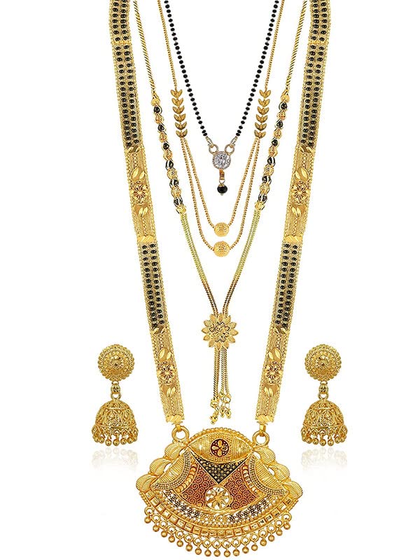 GenericFrienemy Home Presents Traditional One Gram Gold Plated Combo of 4 Necklace Pendant 30 Inch Long and 18 Inch Short Mangalsutra/Tanmaniya/Nallapusalu with 1 Pair of #Frienemy-1153