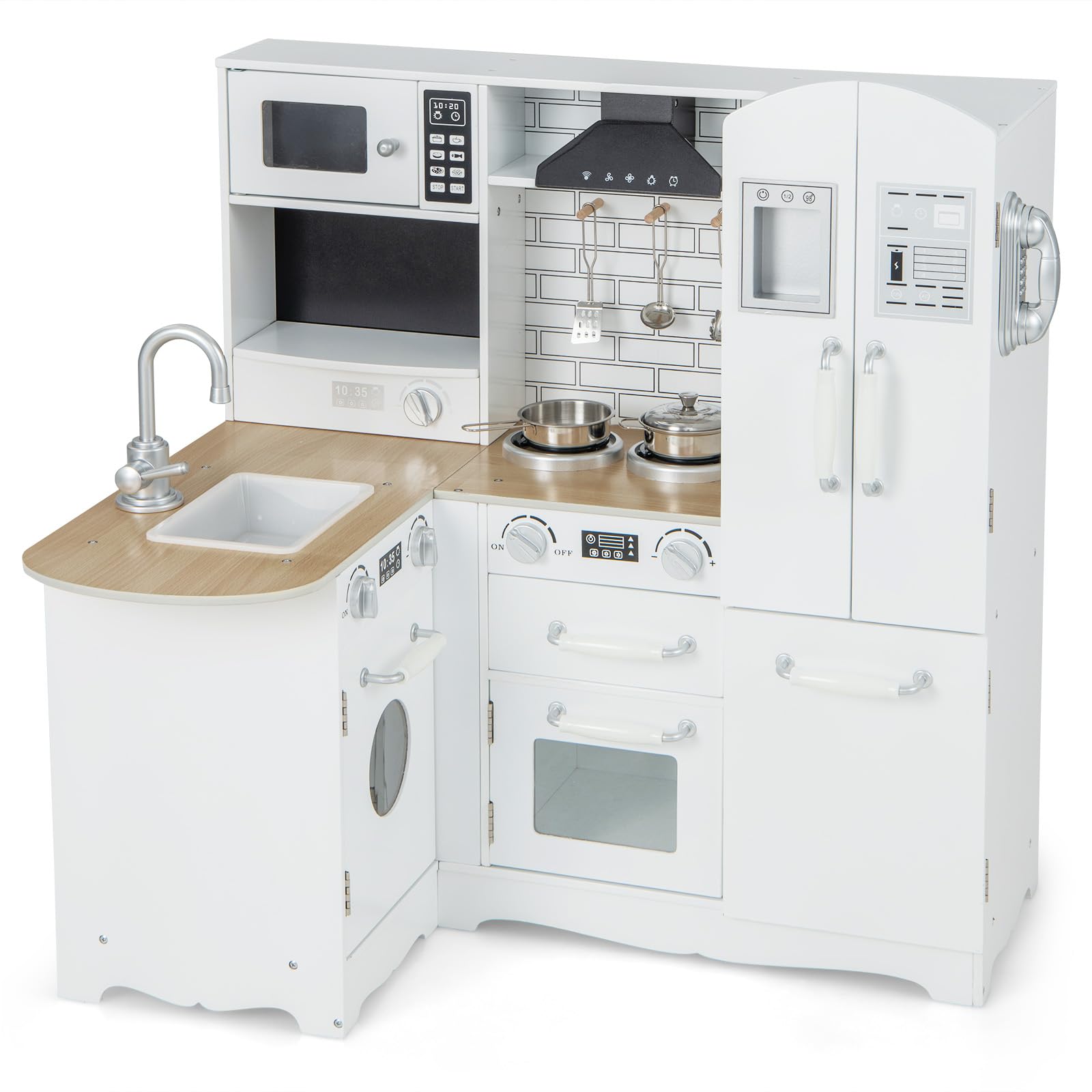 HOMASIS Cucina per Bambini con Suoni, Giocattolo con Lavandino, Fornello, Forno, Frigorifero, Legno ad Angolo per Età 3+ Anni (82 × 66 × 88 cm)