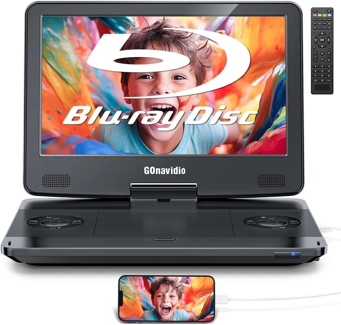 15.6“ Portable Blu Ray Player with 13.3” HD Screen, 5-Hour Battery, Support HDMI Input/Output, Sync Screen/TV, Dolby Audio, USB/TF Card, AV in/Out, MP4/MKV 1080P Video, Last Memory