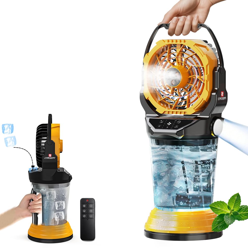 Photo 1 of 2026 New Portable Misting Fan with 30000mAh Rechargeable Battery, 120° Auto Oscillating Battery Powered Fan, 4 Speeds Spray Fan with LED Battery Indicator for Camping, Patio, Outdoor, Travel (yellow)