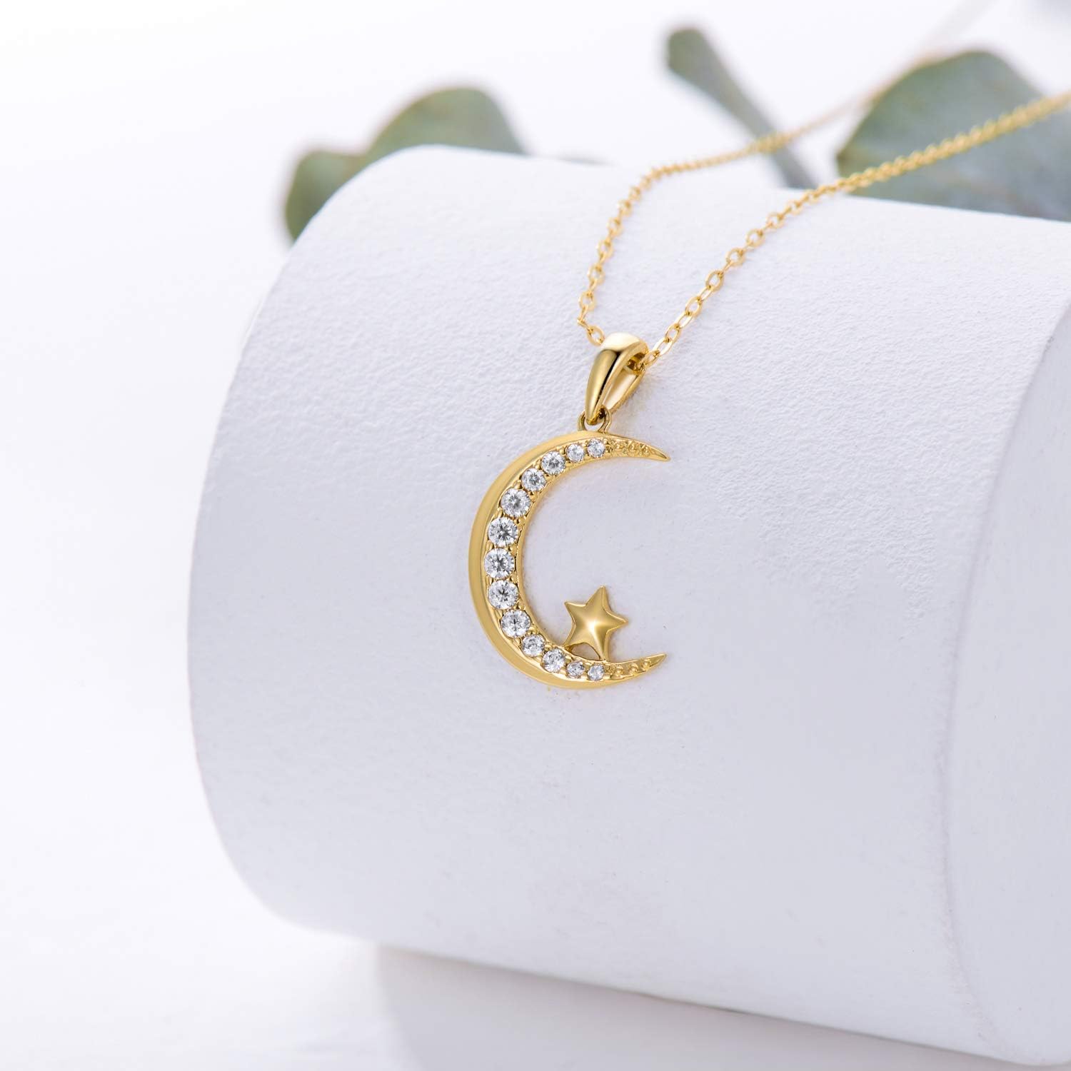 14k Gold Diamond Moon Pendant Necklace for Women, Real Gold Moon and Star Jewelry Anniversary Present for Wife, Gifts for Her, (0.18 ct) 16-18 Inch - Image 2