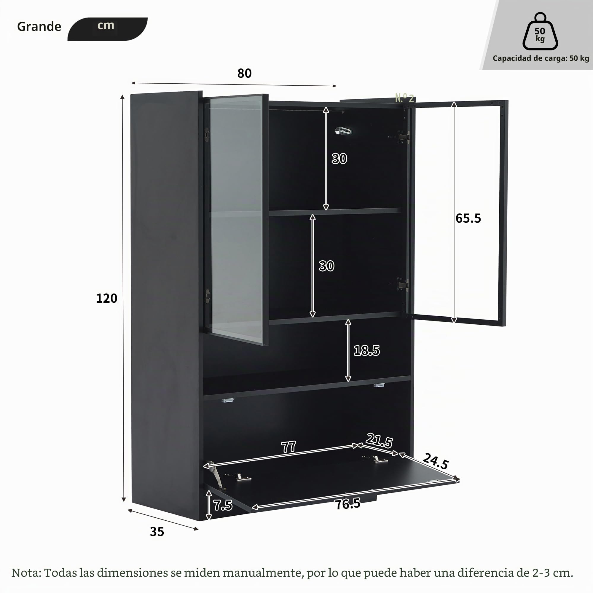 Vitrina moderna con LED, color negro mate, altura 120 cm, con iluminación LED de 16 colores, vitrina de cristal con iluminación, armario de salón con puertas de cristal y puerta abatible
