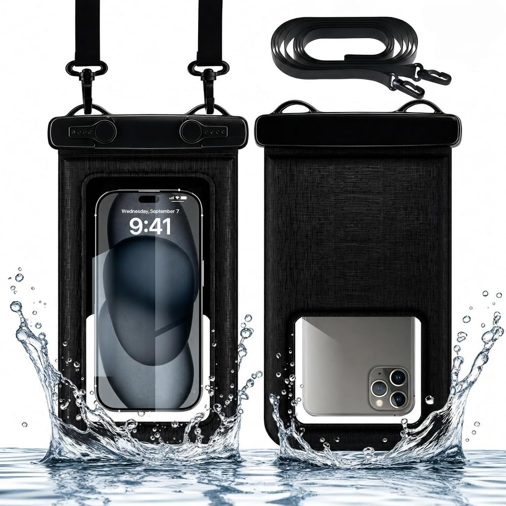 2 Pack IPX8 Floating Waterproof Phone Pouch, Anti-Pop Lock 27.68 Sq in Extra Large Case, Sensitive Touch & Detachable Lanyard, Beach Cruise Essentials for iPhone & Samsung, Black (Black)