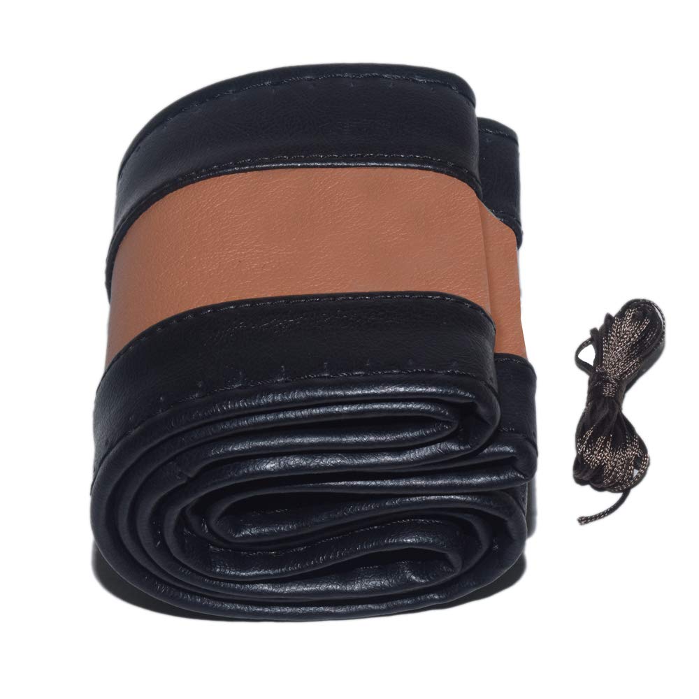 Auto Hub Leathe rite Car Steering Wheel Cover Compatible with Nissan Sunny (Color-Black-Tan -Size-Small)