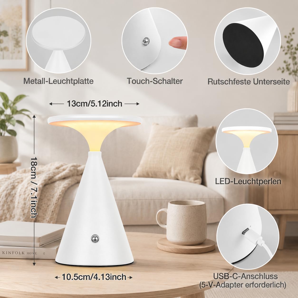 Rosnek Tischlampe Kabellose LED, 4000mAh Dimmbare Akku Tischleuchte, Outdoor/Indoor Touch Lampe, 3 Farb Unbegrenztes Dimmen Stylische Tischlampe, Lampe Akku für Innen & Außenbereich (Weiß, 2er Pack)