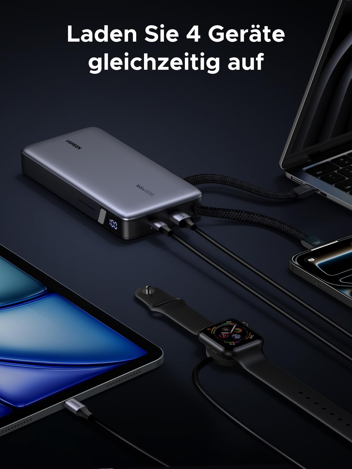 UGREEN Nexode Power Bank, 25000mAh 165W Schnellladen mit 2 Integrierten USB-C Kabeln (140W PD3.1), Kompatibel mit MacBook Pro 16",Dell XPS, iPad Pro, Steam Deck, Galaxy S25 Ultra, iPhone 17