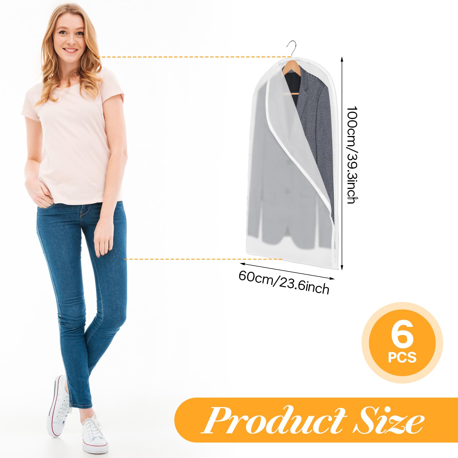 Translucent Garment Bags for Hanging Clothes 6 Pack 40” Dress Bags Clothing Bags Suit Bags Plastic Clothes Storage Bag Waterproof Suit Cover Bags with Zipper for Coats, Jackets, Shirts