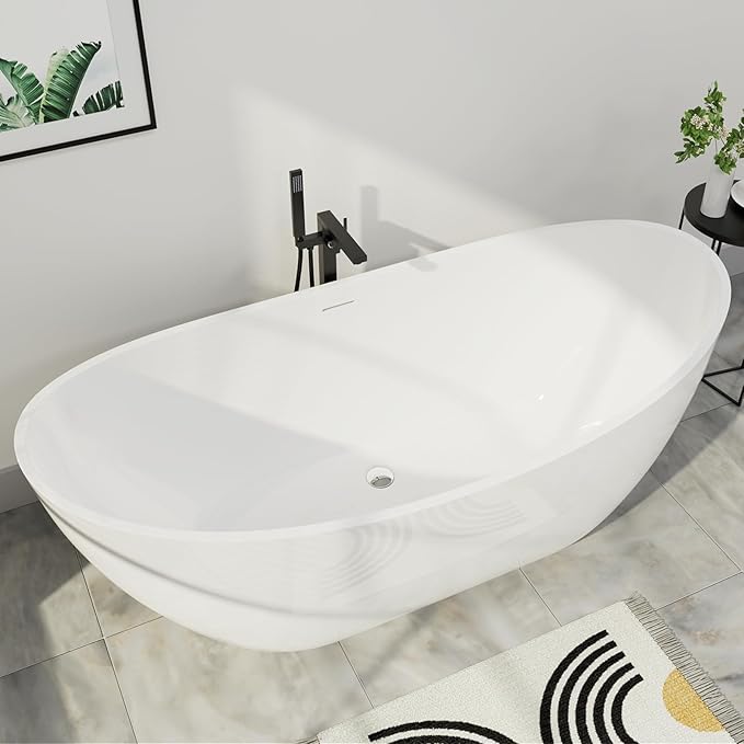 62" Lucite Acrylic Freestanding Bathtub, Double Slipper Shape Contemporary Soaking Tub with Toe-tap Chrome Drain, Slotted Overflow, cUPC Certified, Glossy White