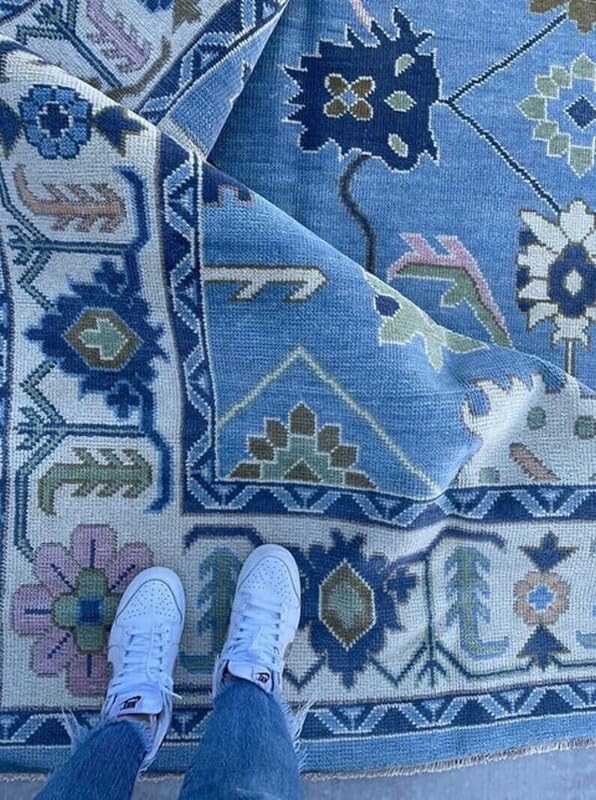 HOMEDECOREIN Colorful Area Rug| Oushak Rug in Ivory, Powder Blue, Grass Green & Raspberry Pink| Modern Floral Rug for Living Room:Oh My! Wool Rug8x12
