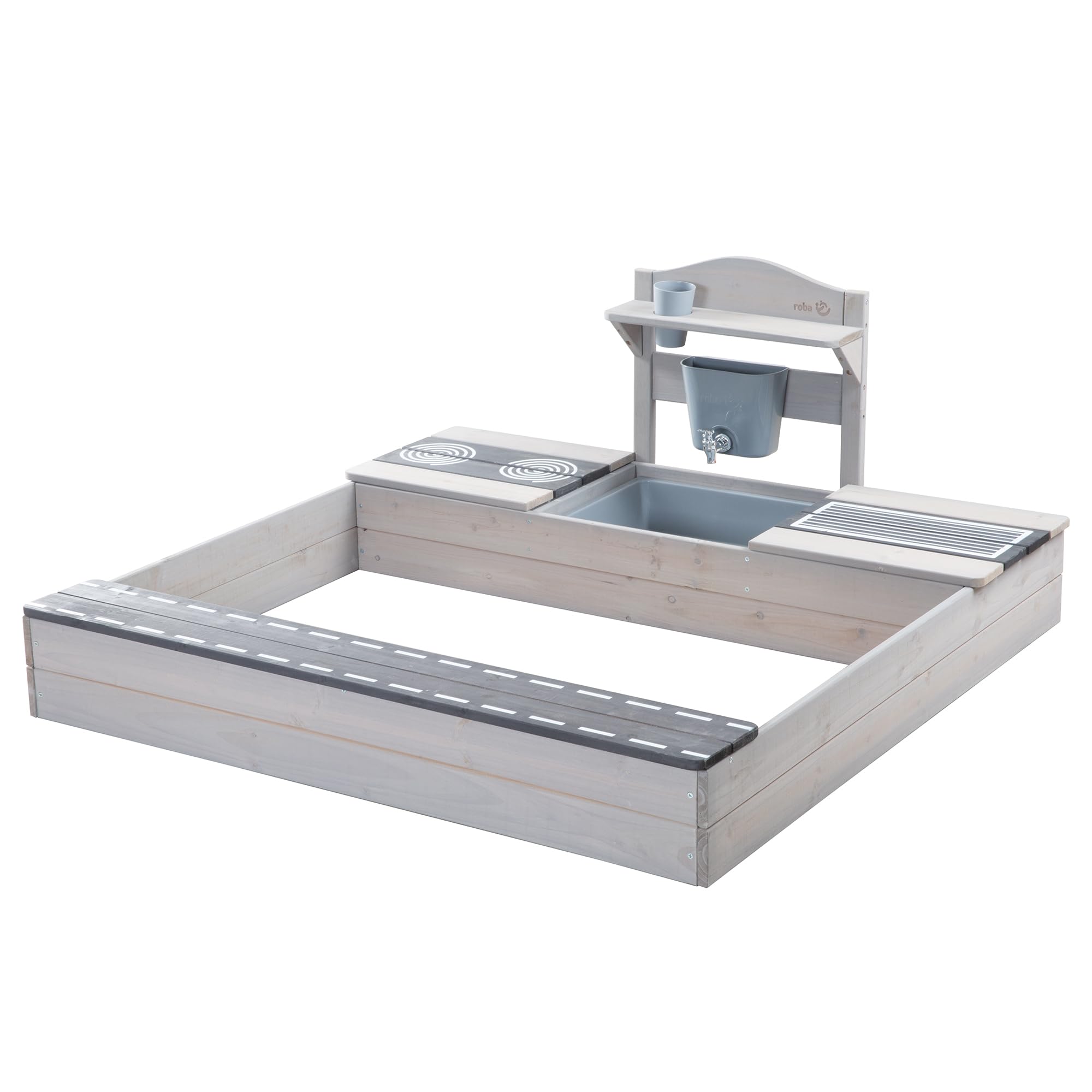 roba Sabbiera per Bambini - Certificata FSC con Cucina da Esterno - Resistente alle Intemperie - dai 12 Mesi - per Giardino, Terrazza, Balcone - Legno Massiccio - Grigio Smaltato