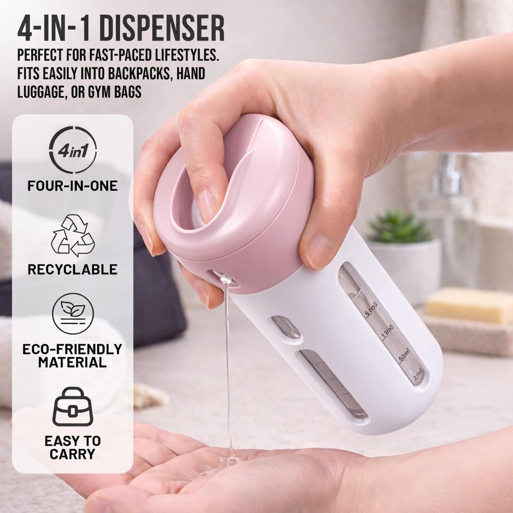 Travigo 2 Pieces 4-in-1 Travel Bottle Set, Dispenser, Includes Four 40 mL Cosmetic Toiletry Containers for Shampoo, Lotions, Skincare, Makeup Products (Gray-Pink (2-PC SET))