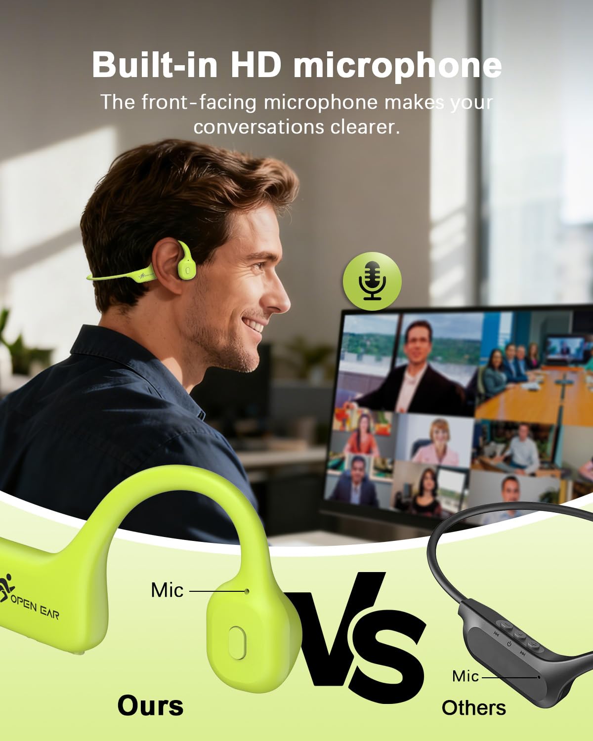 ANSTEN Auriculares Conduccion Osea Bluetooth 5.3, Auriculares Inalambricos Deportivos Impermeables IPX5, Carga Rápida USB-C, Diseño Ultraligero para Ciclismo, Running e Fitness(Verde)