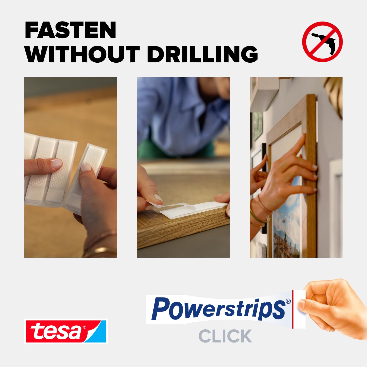 tesa Powerstrips Click, samoprzylepne paski na rzepy z systemem On & Off Click do mocowania ramek na zdjęcia i dekoracji ściennych bez wiercenia, małe, 4 x 2 sztuki