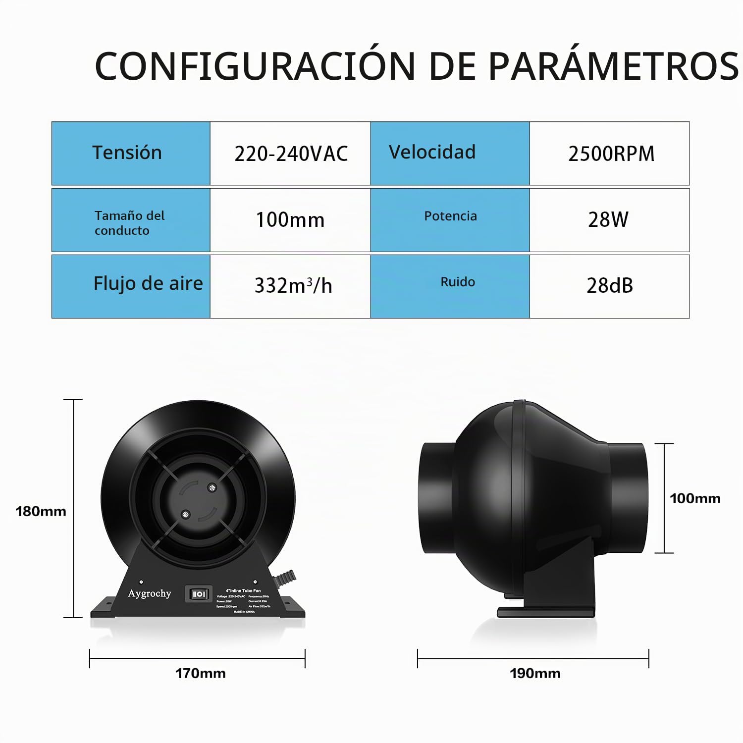 Aygrochy 100mm Extractor de aire, soplador de ventilación HVAC de 28 W para tienda de cultivo hidropónico, uso doméstico, ventilación y ventilador de escape.