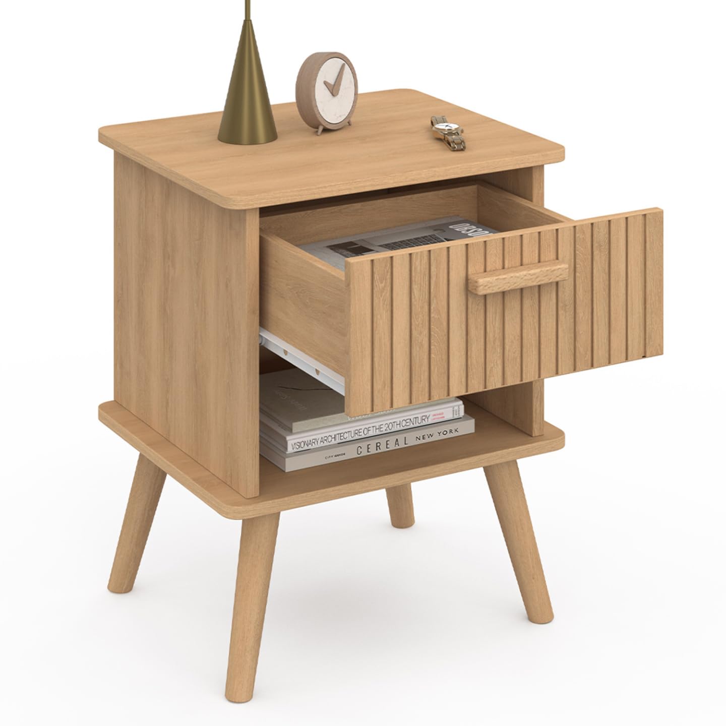 IDMarket - Lot de 2 Tables de Chevet Juliette 1 tiroir avec Niche Effet Lattes tasseau Bois