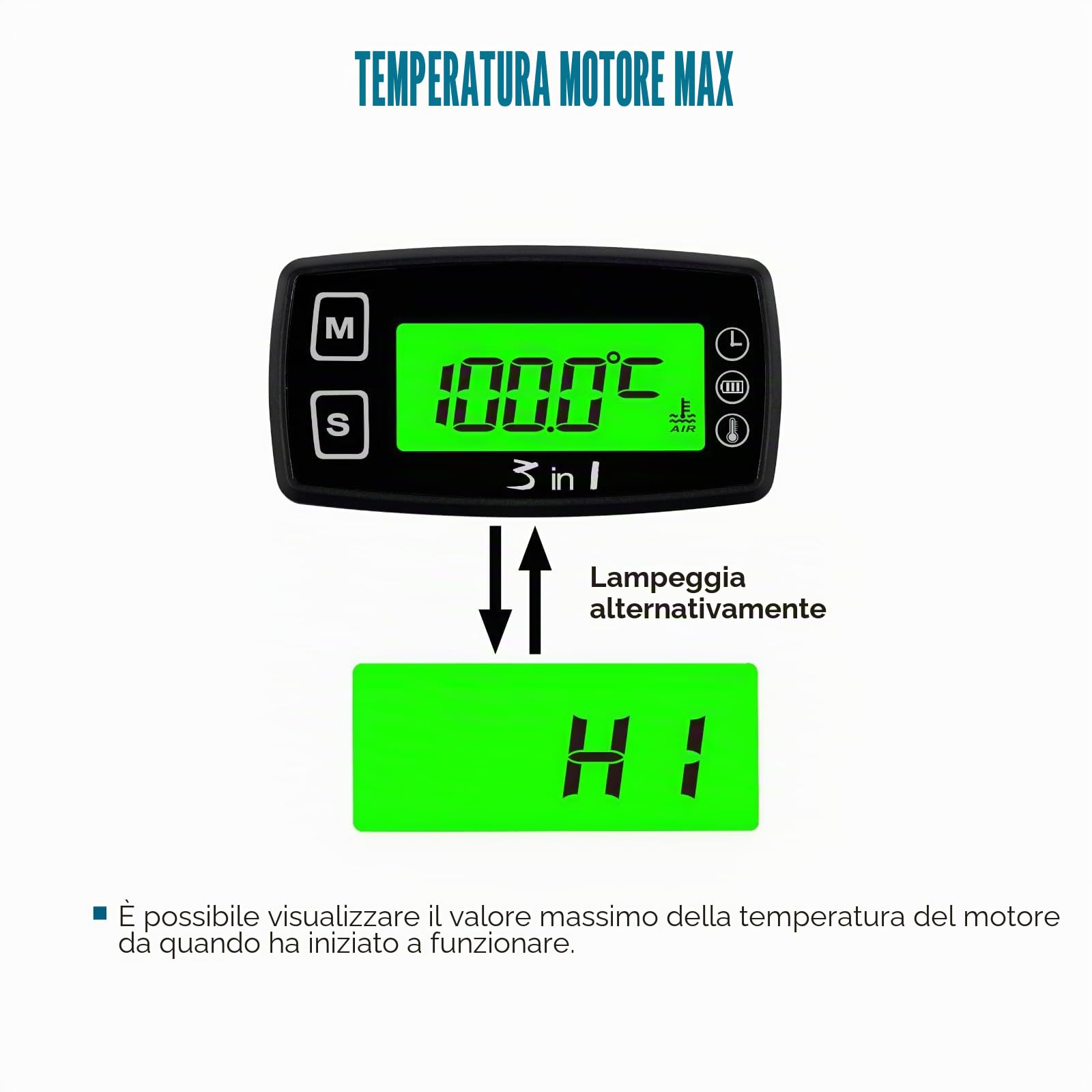 Runleader Indicatore Temperatura Motore Digitale Voltmetro RL-TM005 | Promemoria Avviso Programmabile,Display Orologio,Modalità Retroilluminazione Per Generatore,Moto,Dirtbike,Fuoribordo,Nautica