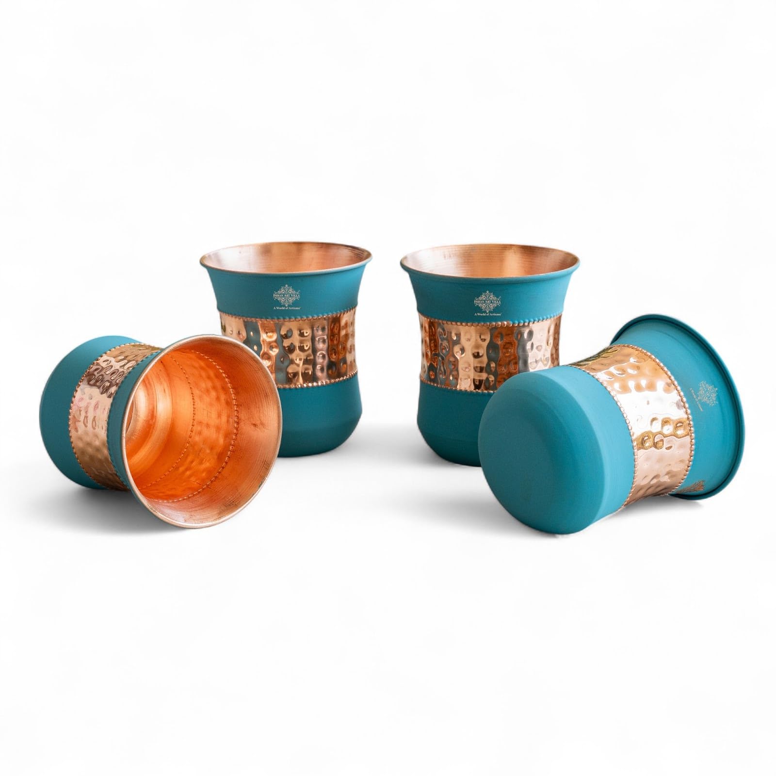 Indian Art Villa Copper Half Silk Finish Sky Blue Glass 10 Oz Pure Copper Hammered Drinkware for Daily
