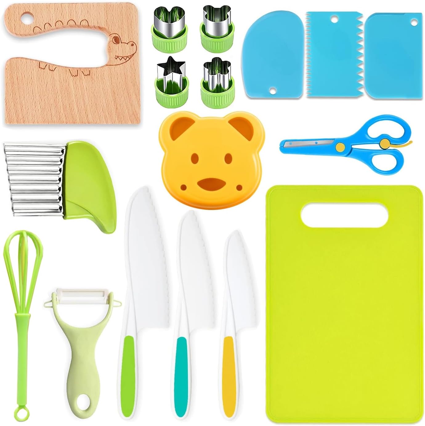 17 Pcs Kids Knife Set, Wooden Toddler Kitchen Tools