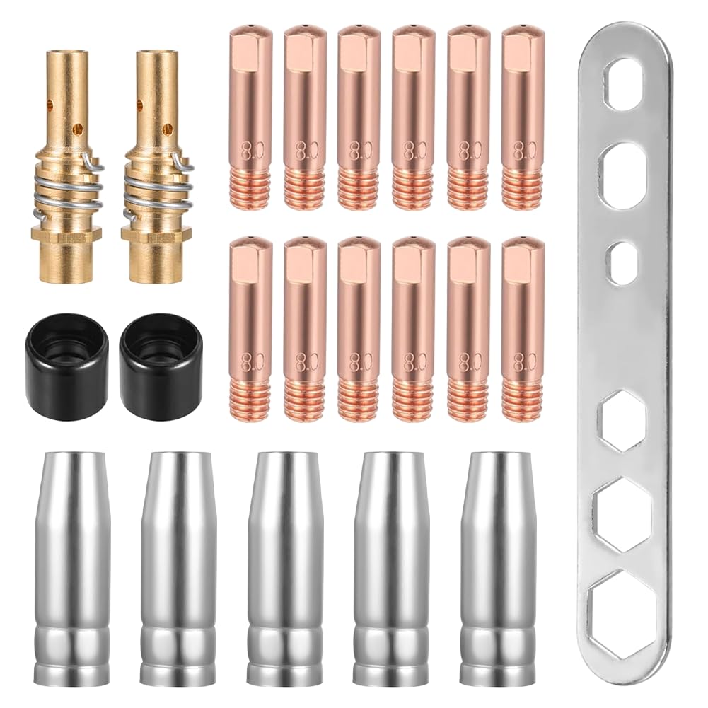 Aoreun Verschleißteile Set, MB15AK 22 Stück Schweißzubehör Set, mit 12 x Stromdüse, 5 x Schweißdüsen, 2 x Düsenstock, 2 x Isolator, 1 Schraubenschlüssel für MIG MAG Schweißbrenner