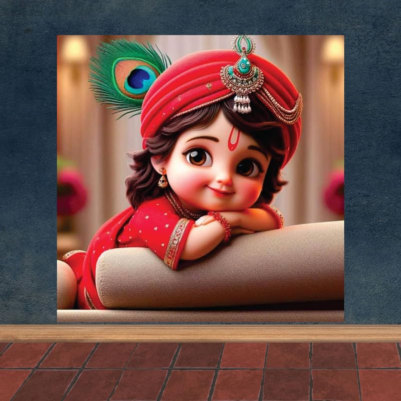 Image of British Terminal Cute little Bal Gopal Baby God Krishna| Kanha Ji | Laddu Lord Makhan Chor Painting Religious Poster for Pregnant Women for wall (matt thin vinyl,sticker,multicolor,unframed)| bj340