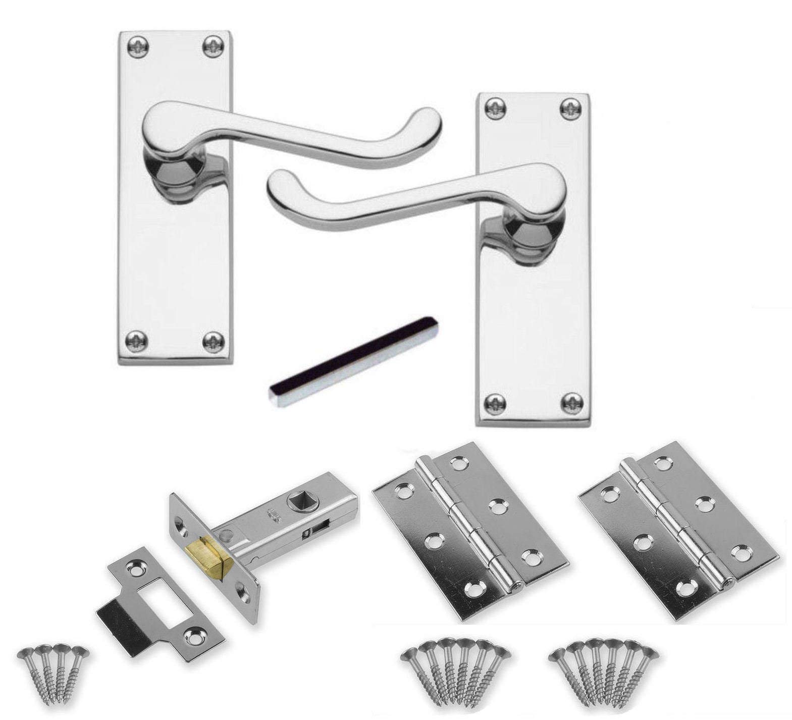Jiyo.Outdoor Victorian Scroll Latch Door Handles in Polished Chrome with Hinges & Latches Pack - 4 Sets - 120mm x 40mm